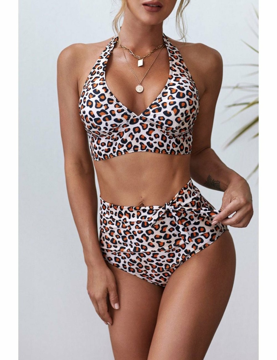 Women Azura Exchange Bikini | Khaki Halter V Neck Leopard High Waist Bikini