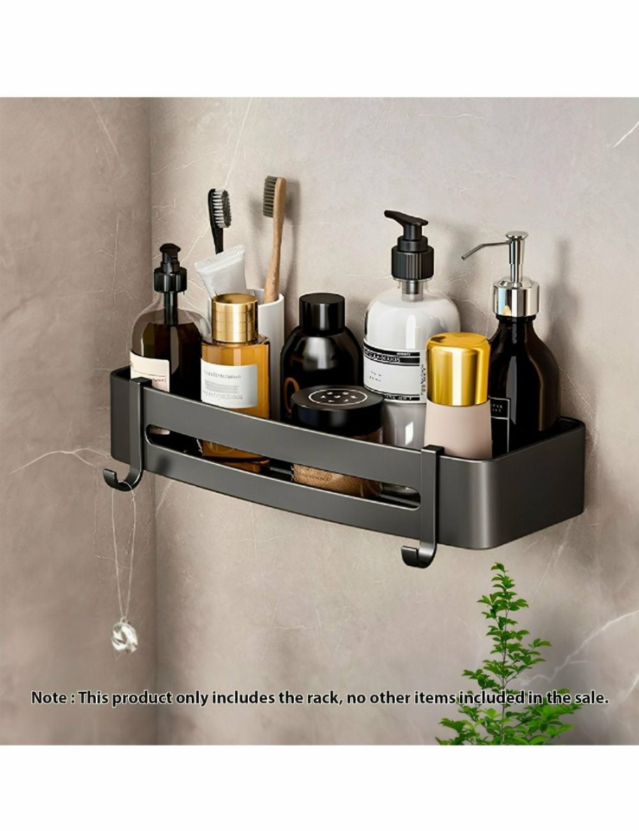 Home And Lifestyle Soga Bathroom Storage | Soga Black Wall-Mounted Rectangular Bathroom Storage Organiser Space Saving Adhesive Shelf Rack With Hooks