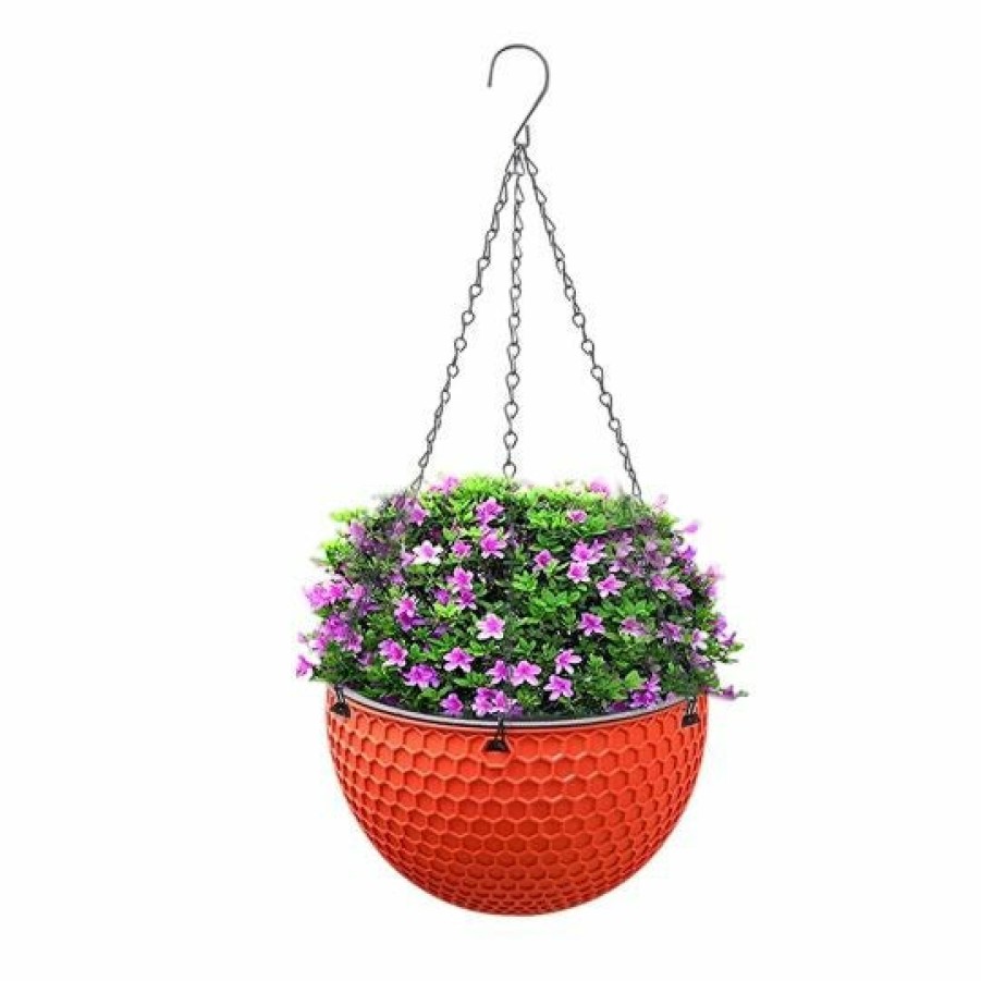 Outdoors Soga Garden Decor | Soga Red Medium Hanging Resin Flower Pot Self Watering Basket Planter Outdoor Garden Decor