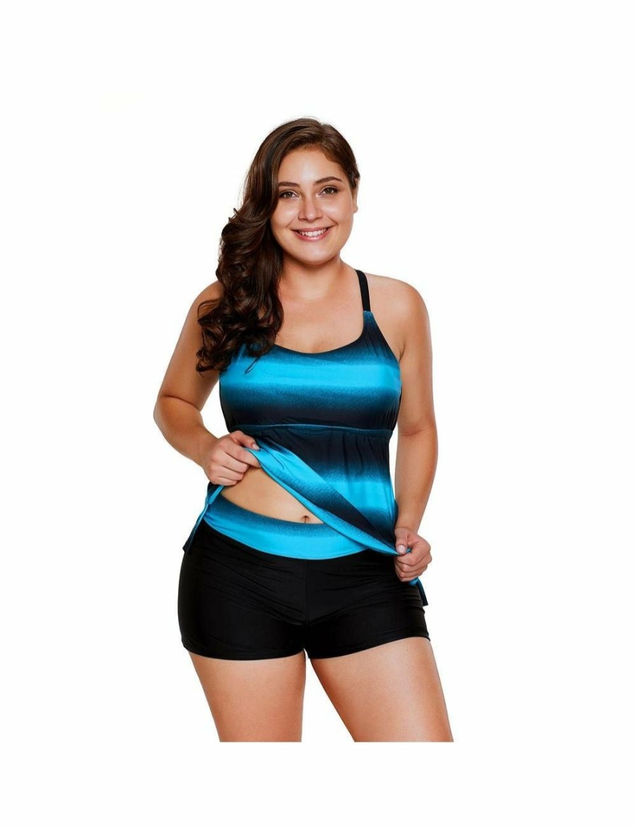 Women Azura Exchange Tankini | Azura Exchange Bluish Strappy Hollow-Out Back Plus Size Tankini