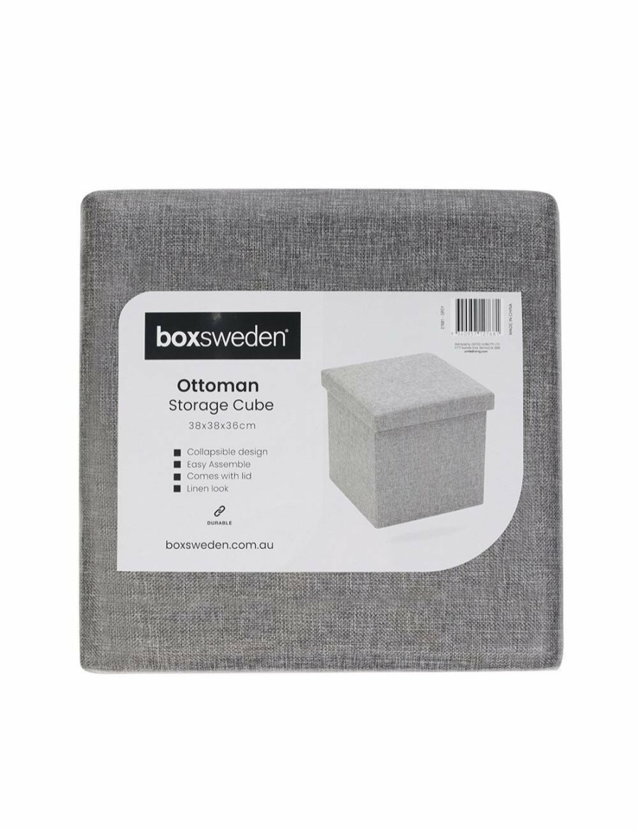 Home And Lifestyle BOXSWEDEN Ottomans & Footstools | Box Sweden 38X36Cm Ottoman Storage Cube Faux Linen Home Organiser/Stool Grey