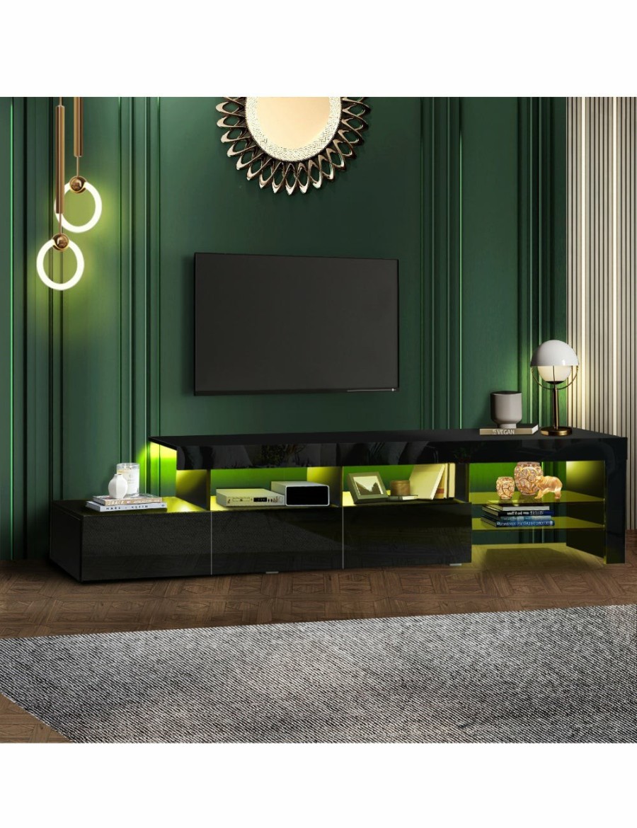 Home And Lifestyle Oikiture Entertainment Units | Oikiture Tv Cabinet Entertainment Unit Stand Rgb Led Gloss Furniture Black 220Cm