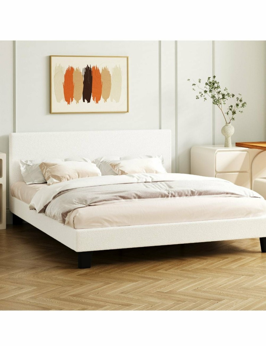 Home And Lifestyle Oikiture Mattresses | Oikiture Bed Frame Queen Size Mattress Base Boucle Fabric Platform Wooden Slats