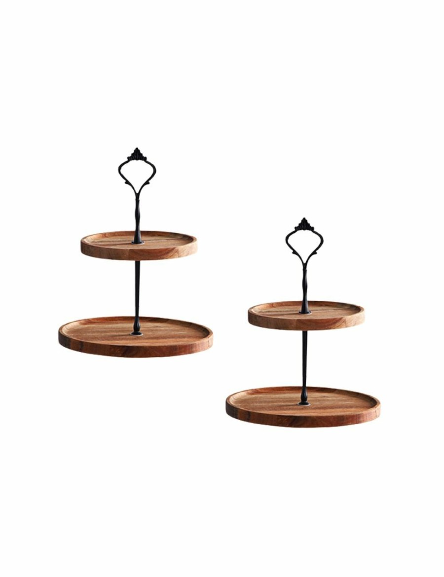 Home And Lifestyle Soga Serveware | Soga 20Cm 2 Tier Brown Round Wooden Acacia Dessert Tray Cake Snacks Cupcake Stand Buffet Serving Countertop Decor2 Tier