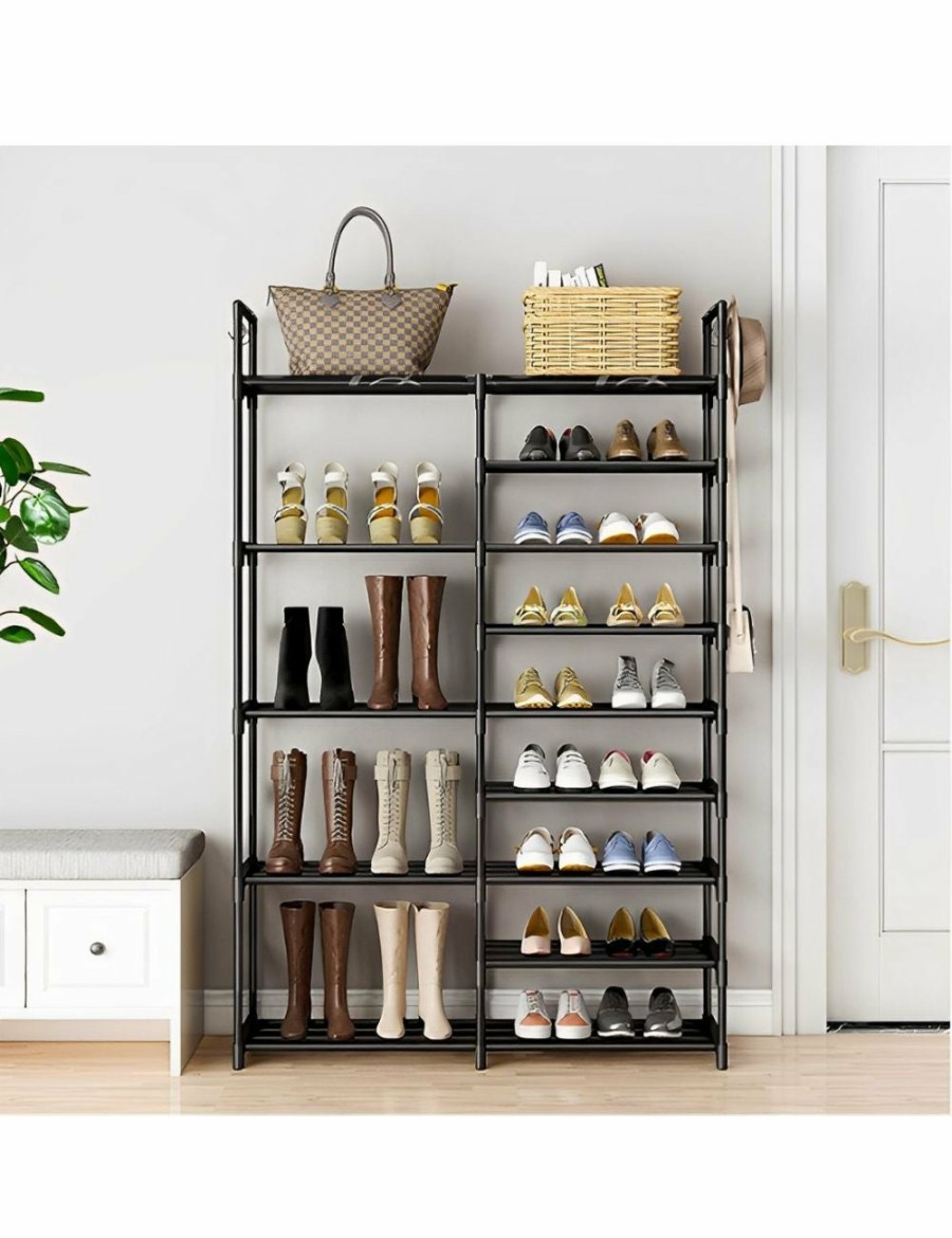 Home And Lifestyle Soga Bedroom Storage | Soga 12-Shelf Tier Shoe Storage Shelf Space-Saving Caddy Rack Organiser With Side Hooks Black