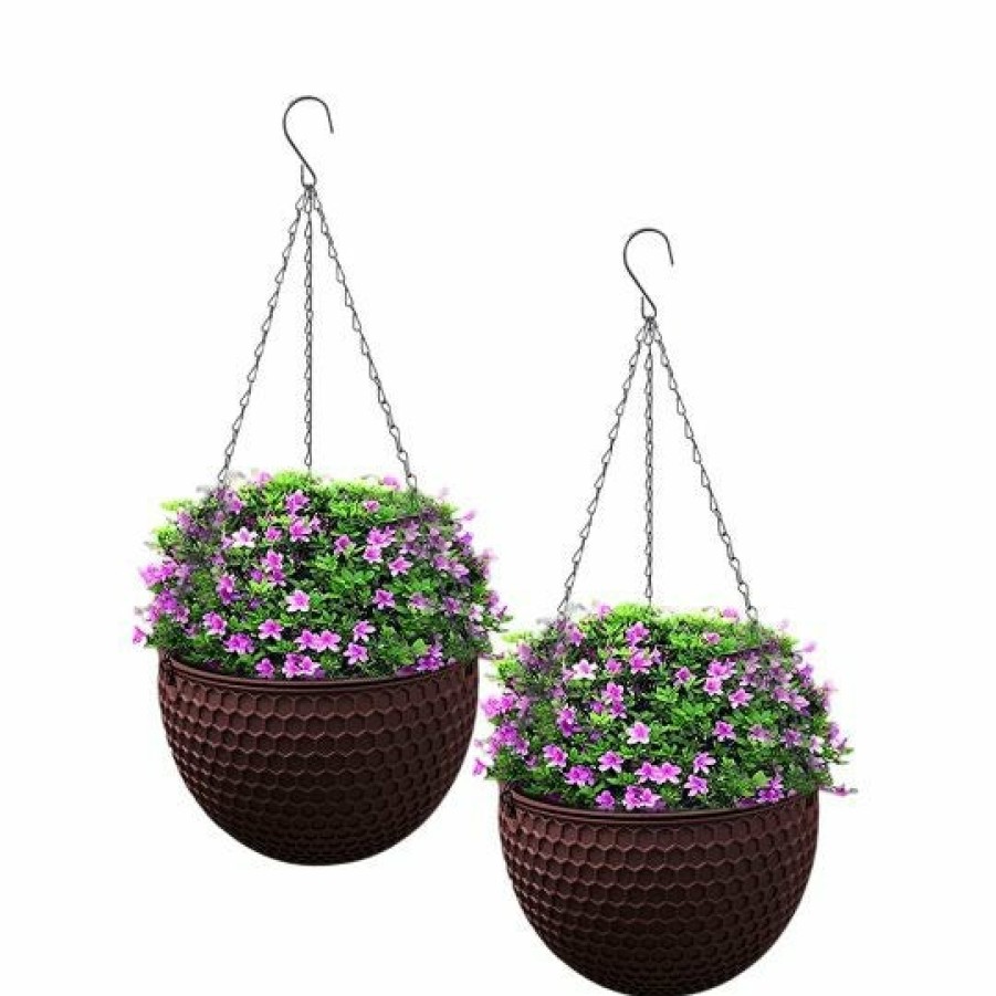 Outdoors Soga Garden Decor | Soga 2X Coffee Medium Hanging Resin Flower Pot Self Watering Basket Planter Outdoor Garden Decor