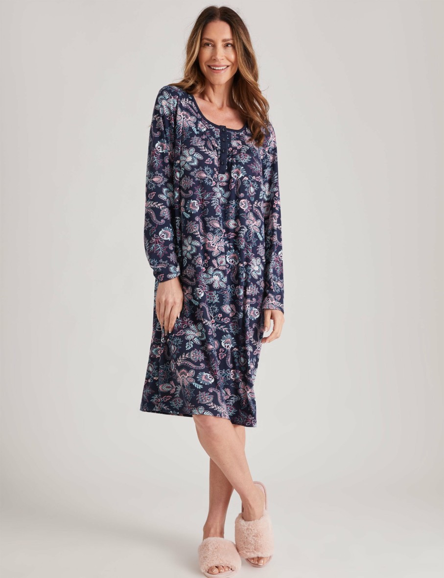 Women Millers Nighties | Millers Long Sleeve Button And Pleats Printed Nightie