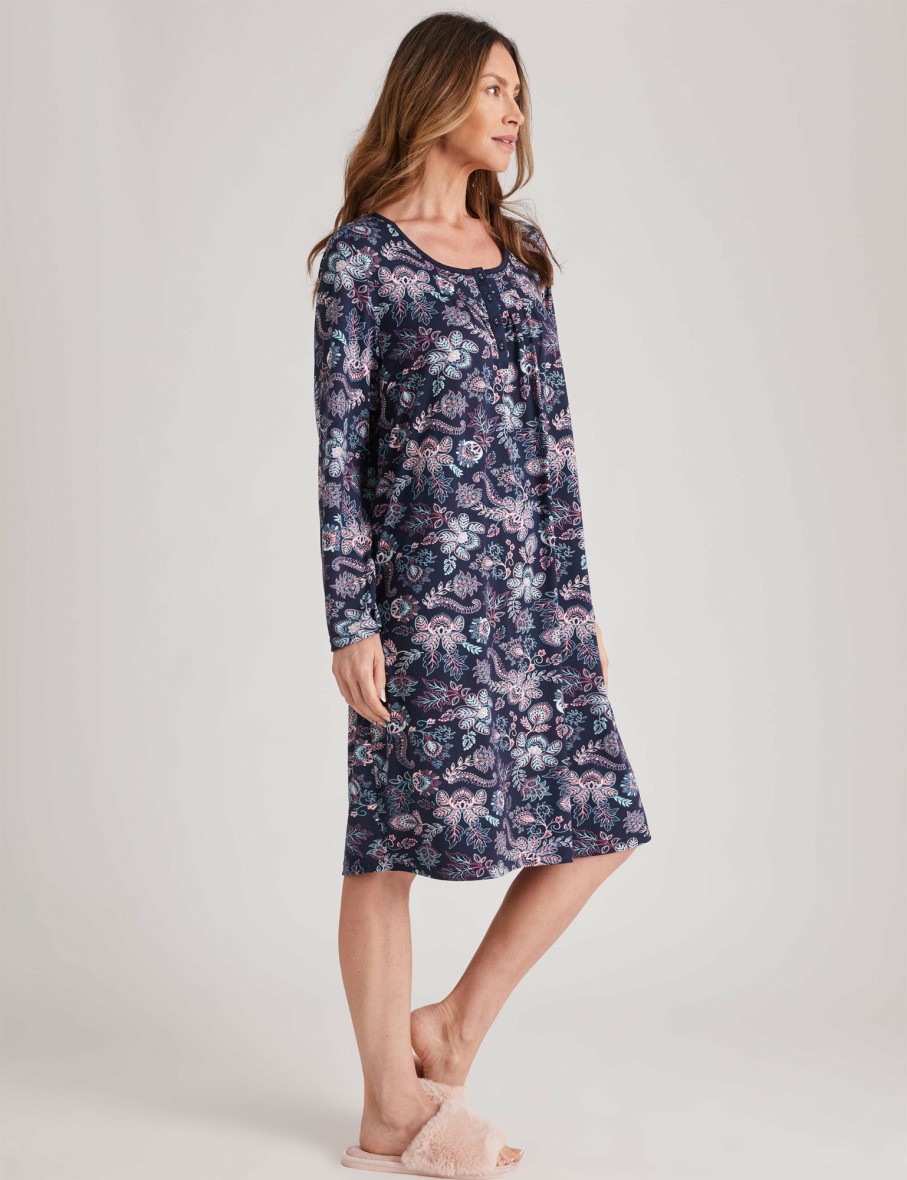 Women Millers Nighties | Millers Long Sleeve Button And Pleats Printed Nightie