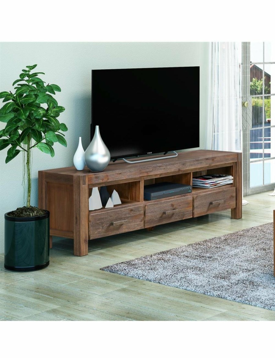 Home And Lifestyle Melbournians Furniture Entertainment Units | Tv Cabinet With 3 Storage Drawers With Shelf Solid Acacia Wooden Frame Entertainment Unit