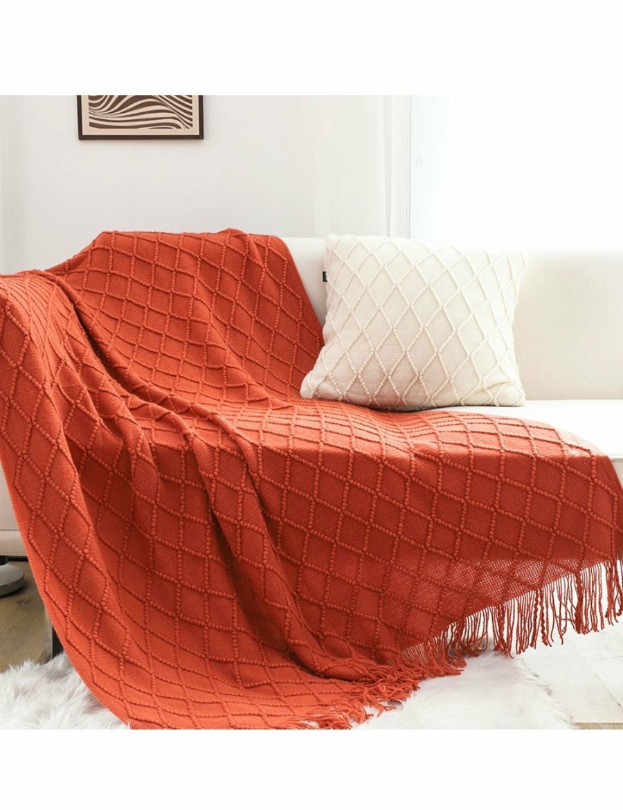 Home And Lifestyle Soga Blankets | Soga 2X Red Diamond Pattern Knitted Throw Blanket Warm Cozy Woven Cover Couch Bed Sofa Home Decor With Tassels