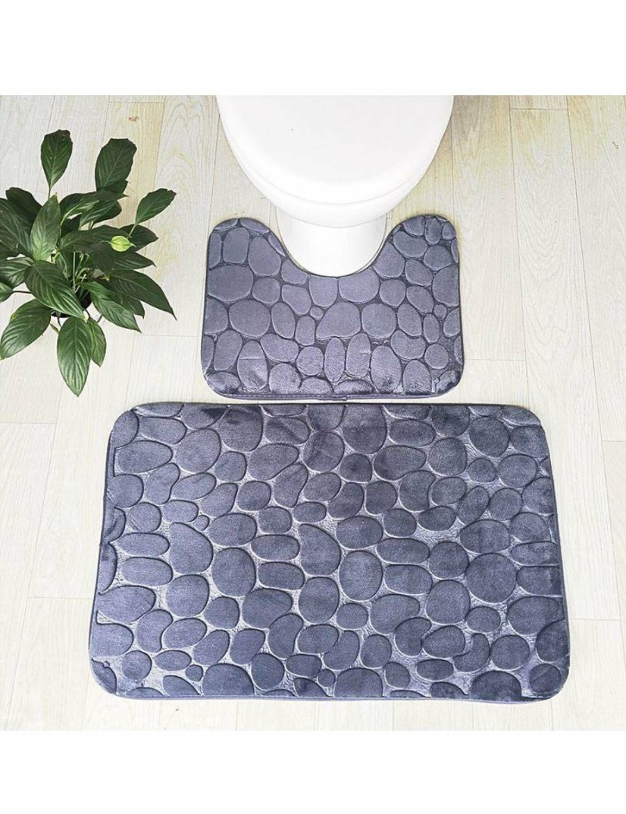 Home And Lifestyle HOD Health & Home Bath Mats | Pebbles Bath Mat Set Bathroom Square Shaped And U-Shaped Non-Slip Floor Mats - Grey