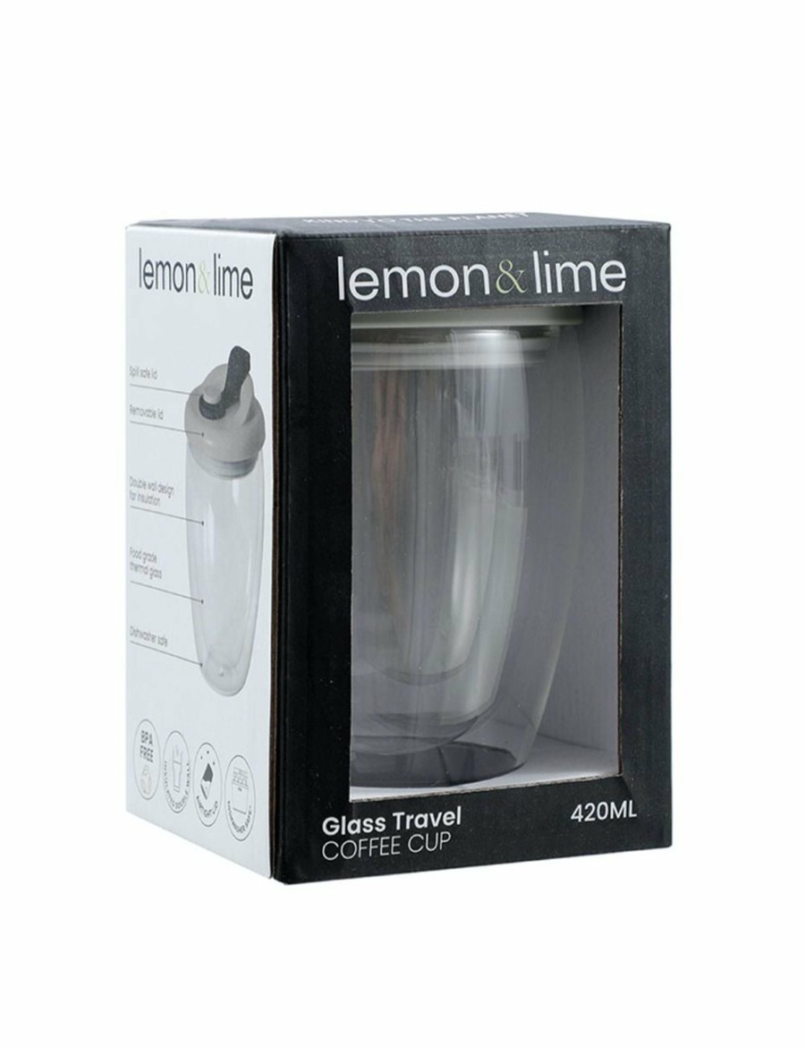 Home And Lifestyle LEMON AND LIME Tea & Coffee | 2X Lemon & Lime Coffee On The Go Glass/Silicone Travel Coffee Cup 420Ml Assorted