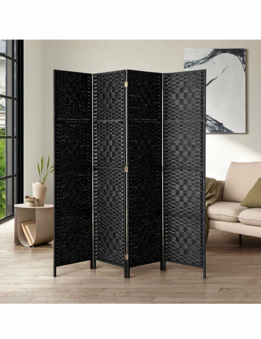 Home And Lifestyle Oikiture Room Dividers | Oikiture 4 Panel Room Divider Screen Privacy Dividers Woven Wood Folding Black