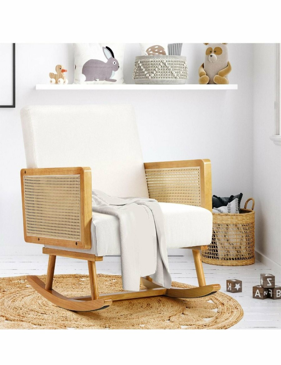 Home And Lifestyle Oikiture Armchairs & Sofas | Oikiture Rocking Chair Nursing Armchair Linen Accent Chairs Pe Rattan Beige