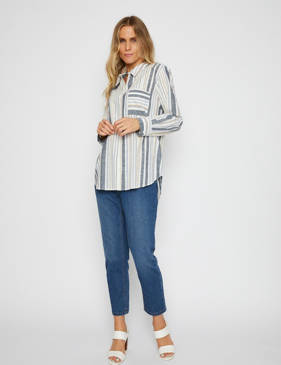 Women Millers 3/4 Sleeve Tops | Millers Long Roll To 3/4 Sleeve Stripe Shirt