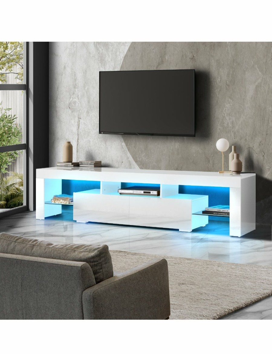 Home And Lifestyle Oikiture Entertainment Units | Oikiture Tv Cabinet Entertainment Unit Stand Led Rgb Gloss Furniture White 180Cm