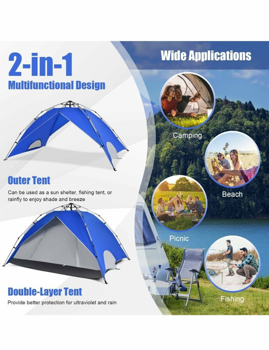 Outdoors Costway | Costway 2 In 1 Pop Up Tent Instant Up 4 Person Sun Shade Shelter Beach Canopy Double Door Family Outdoor Hiking