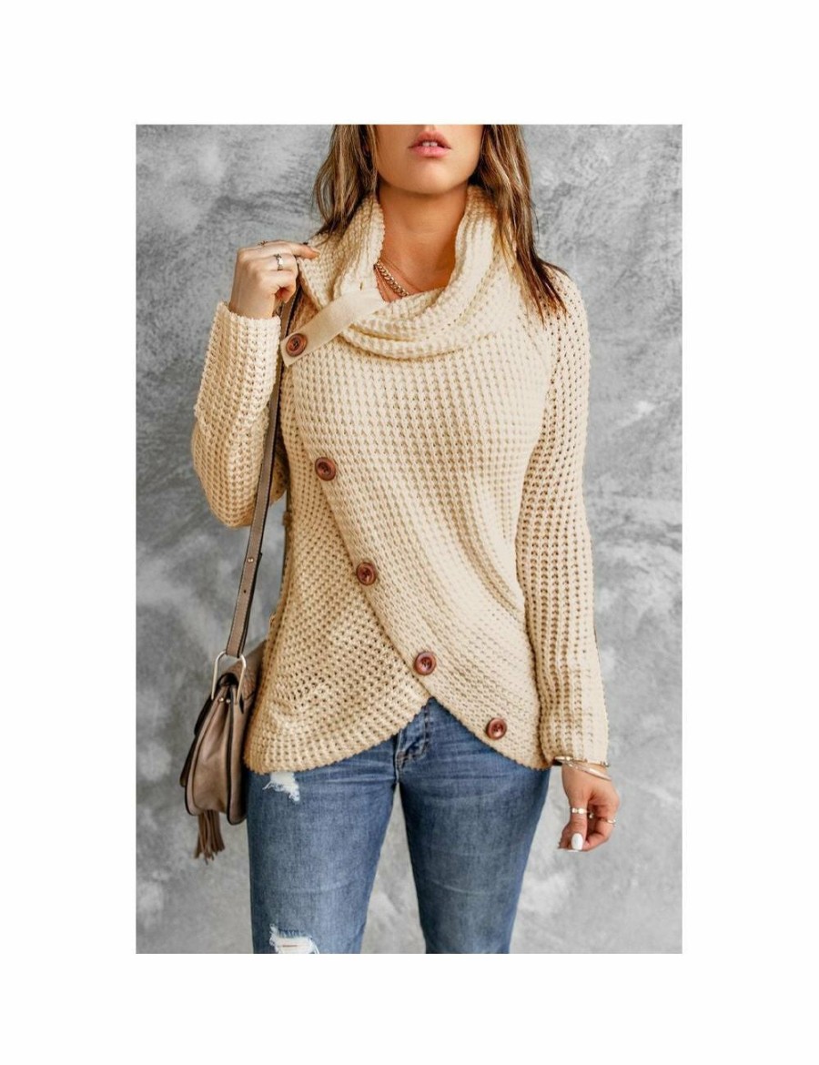 Women Azura Exchange Wraps & Ponchos | Azura Exchange Beige Buttoned Wrap Turtleneck Sweater