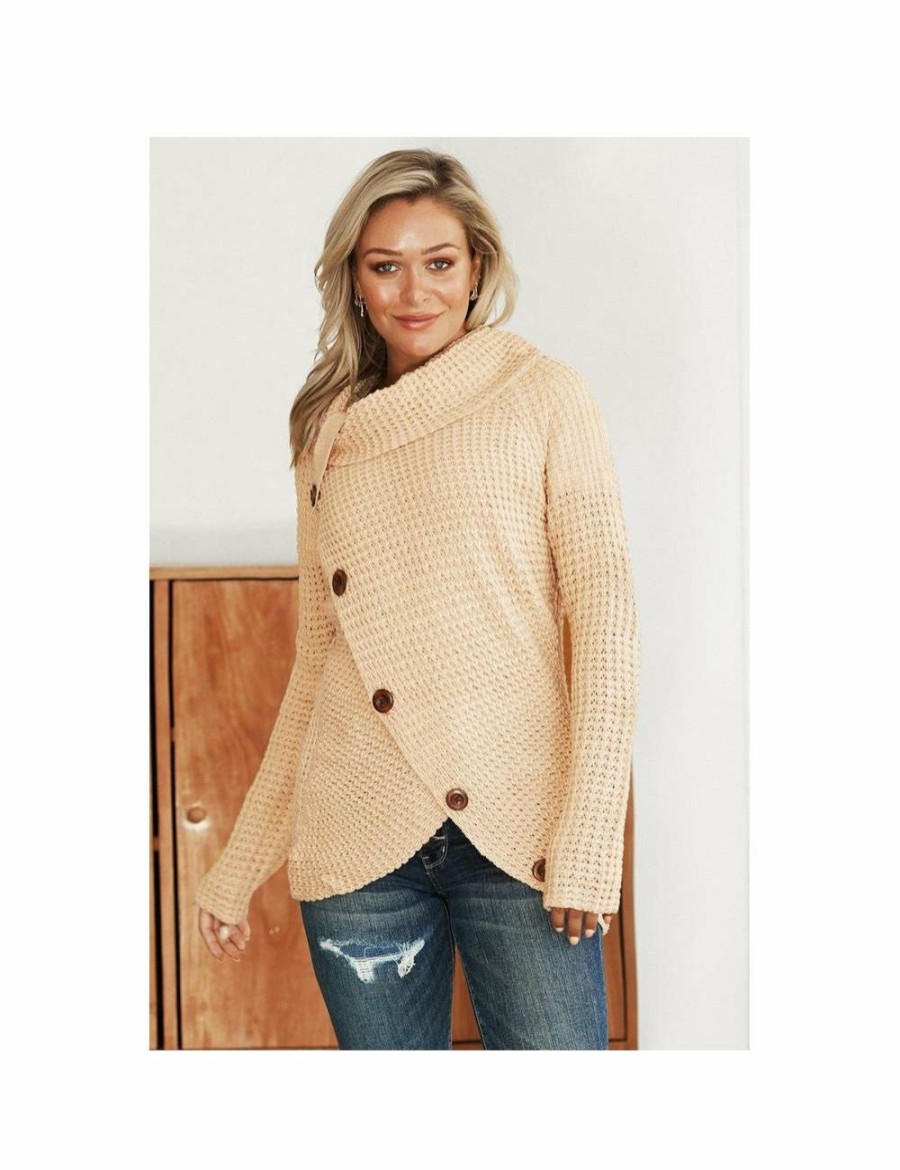 Women Azura Exchange Wraps & Ponchos | Azura Exchange Beige Buttoned Wrap Turtleneck Sweater