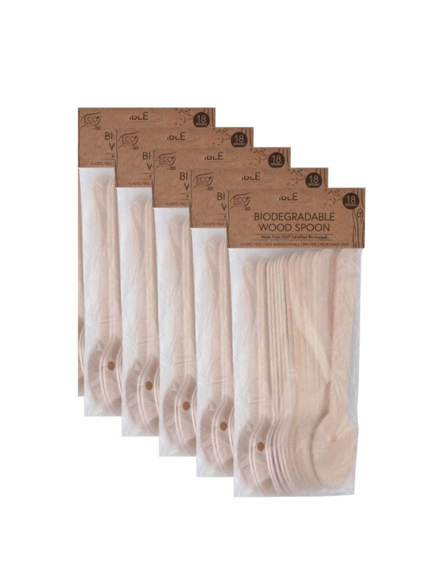 Home And Lifestyle ECO BASICS Cutlery | 5X 18Pc Eco Basics 16.5Cm Biodegradable Birchwood Spoon Disposable Cutlery Brown