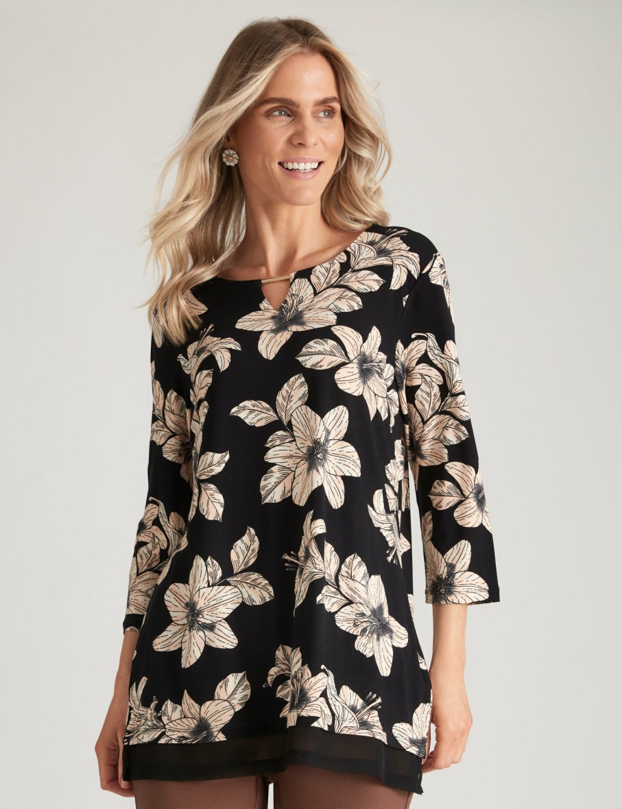 Women Millers Tunics | Millers 3/4 Sleeve Printed Tunic With Chiffon Trim