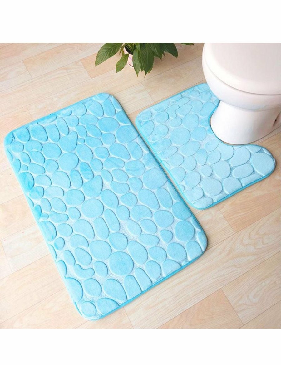 Home And Lifestyle HOD Health & Home Bath Mats | Pebbles Bath Mat Set Bathroom Square Shaped And U-Shaped Non-Slip Floor Mats - Blue